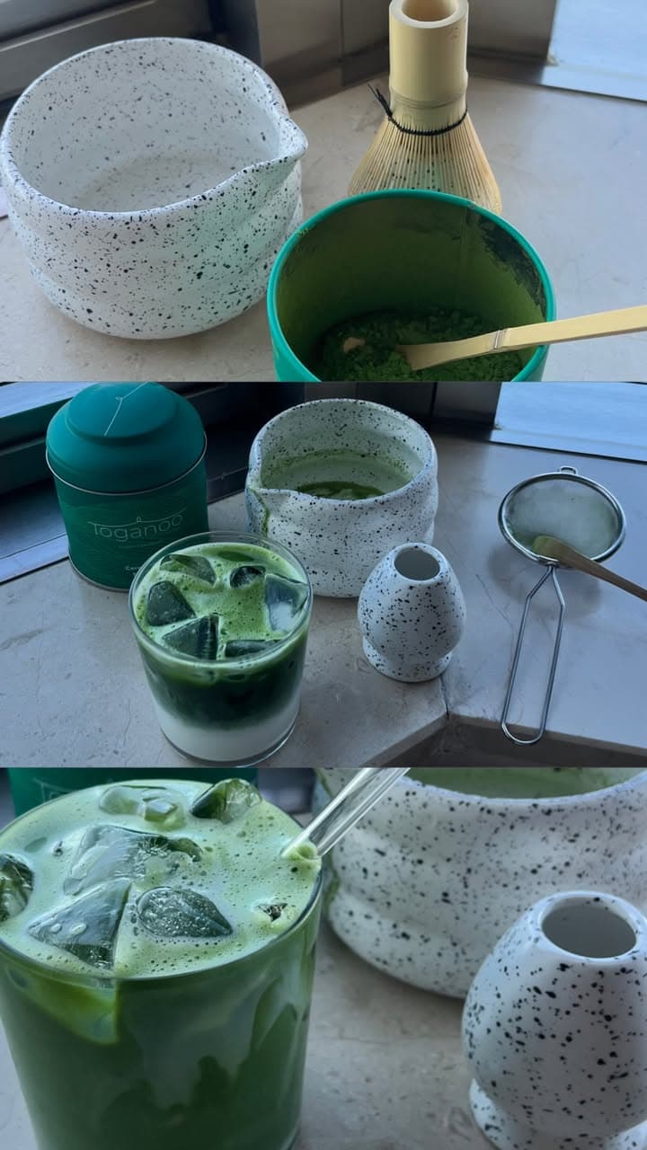 iced matcha with whisk and ceramics